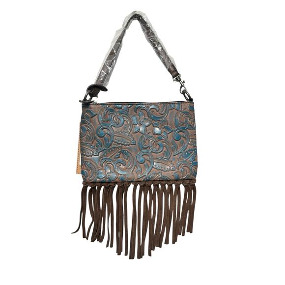 NWT! Justin Women's Blue Western Fringe Convertible Mini Shoulder Wristlet Bag - Picture 2 of 6